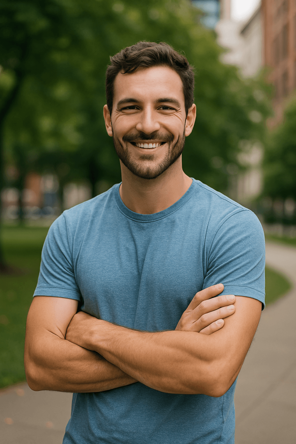 Confident smiling man outdoors representing modern men’s wellness and comfort for Scrotox and CockTox combo treatments in Chicago.