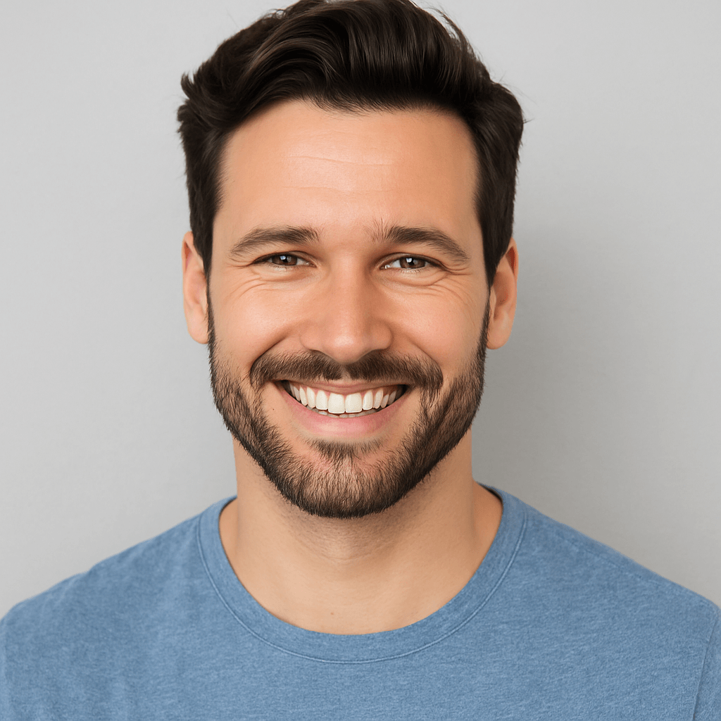  Smiling young man with healthy skin posing against a neutral background, representing wellness and modern aesthetics for Vesper Aesthetics Chicago men’s treatments.