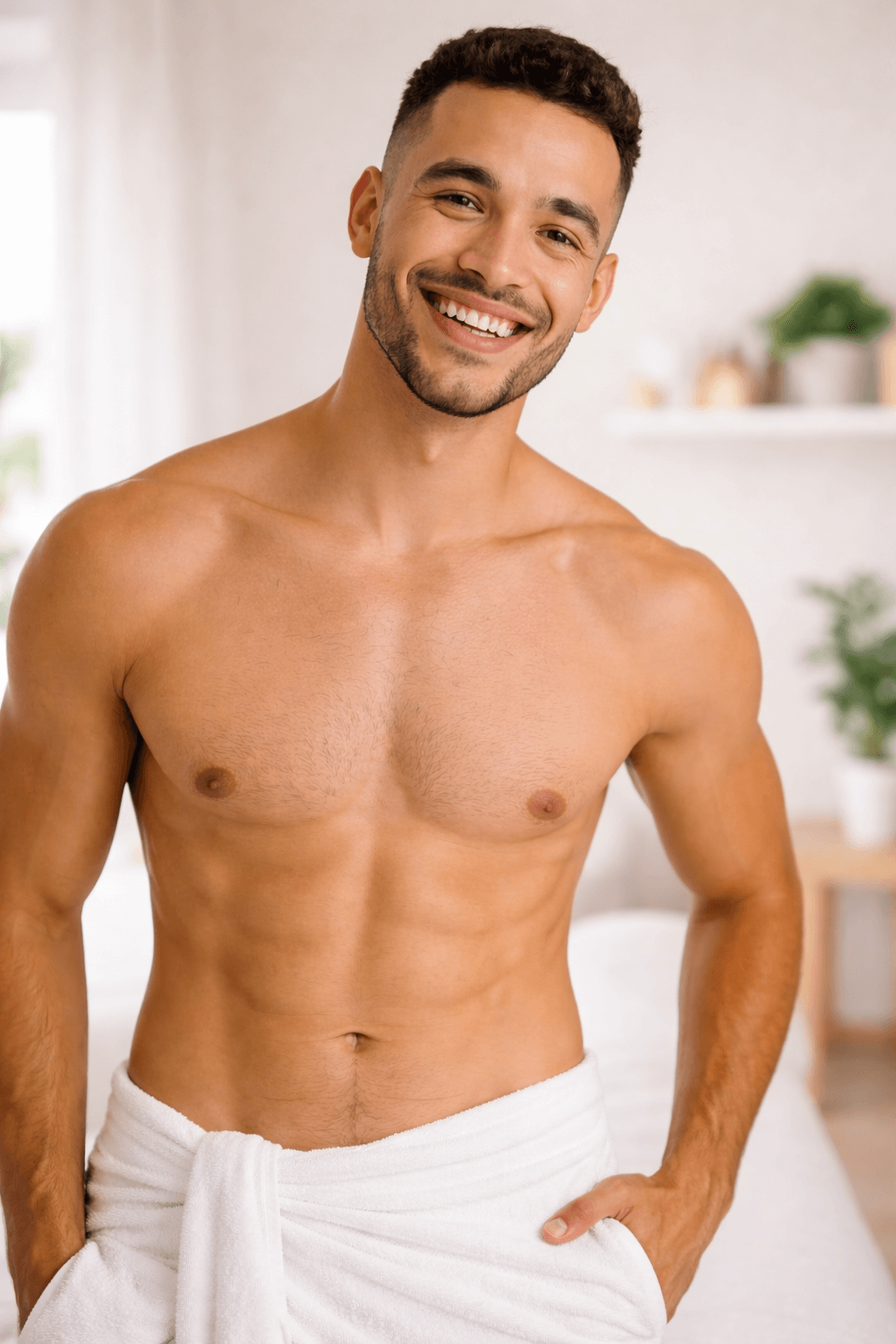 Confident man smiling post-treatment, symbolizing non-surgical enhancement with P-Tox and Scrotox at Vesper Aesthetics in Chicago.
