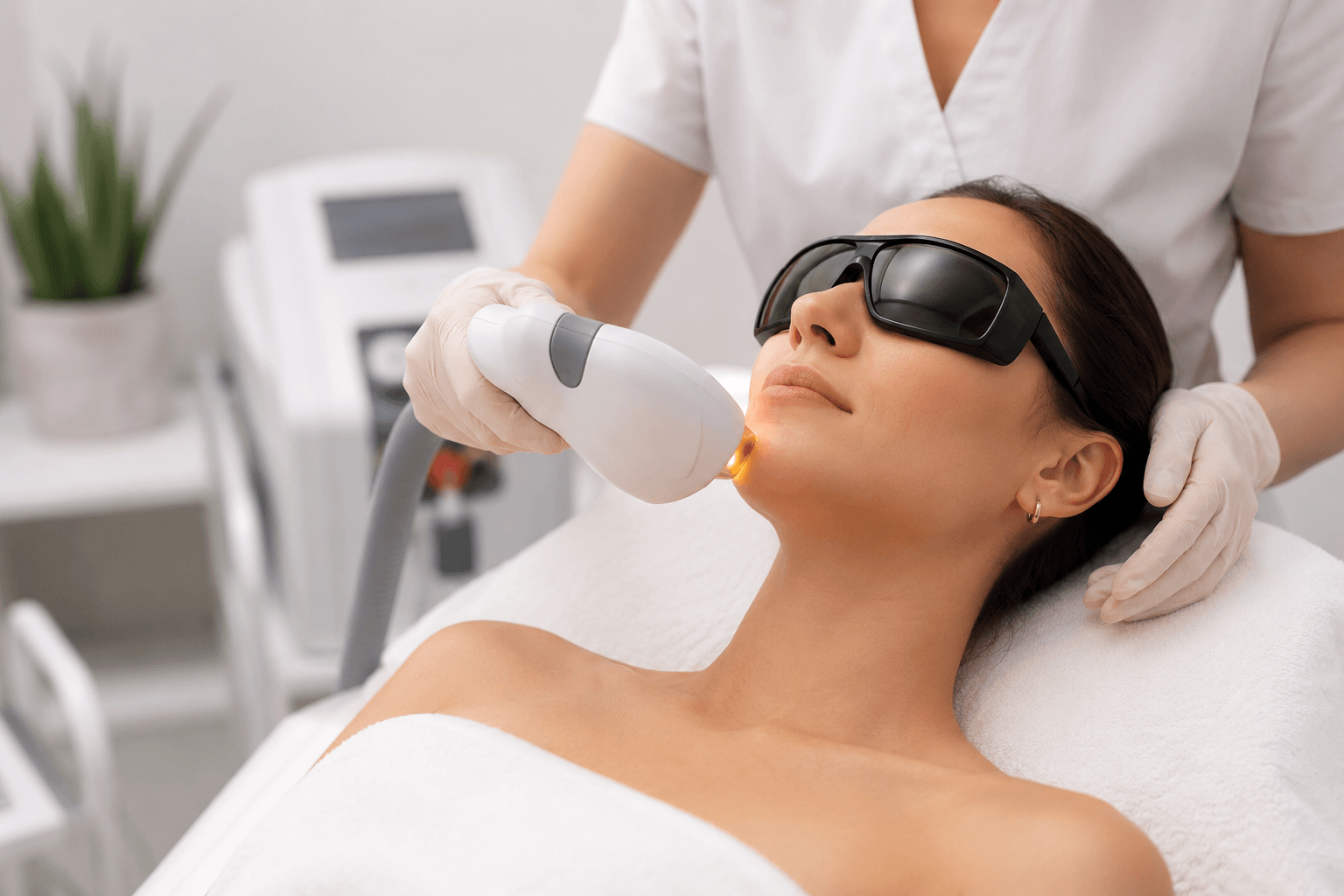 Woman receiving laser hair removal for PCOS facial hair at clinic in Chicago, Illinois