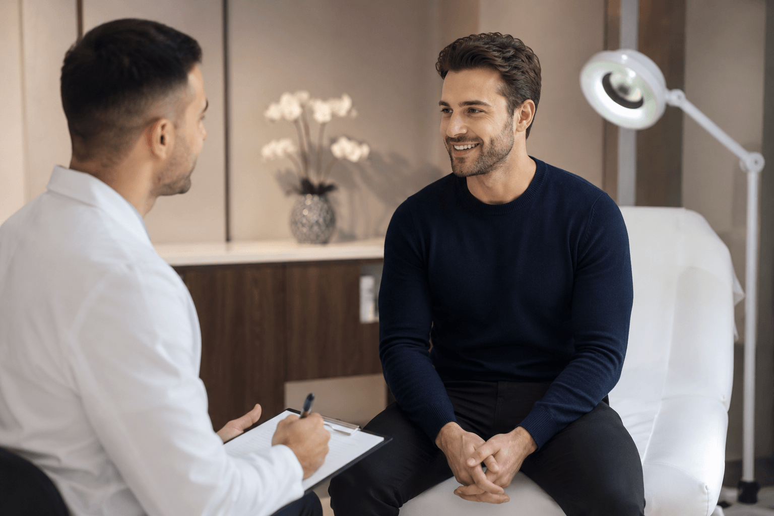 Patient consultation for Scrotox and CockTox combo treatment in Chicago, Illinois near Broadway St