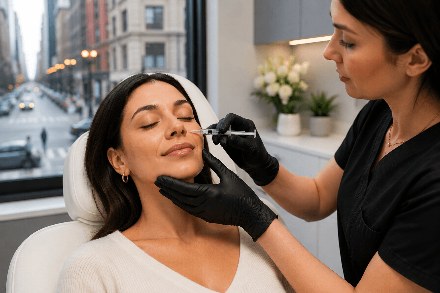 Dermal filler injection treatment for lips and cheeks at a Chicago aesthetics clinic