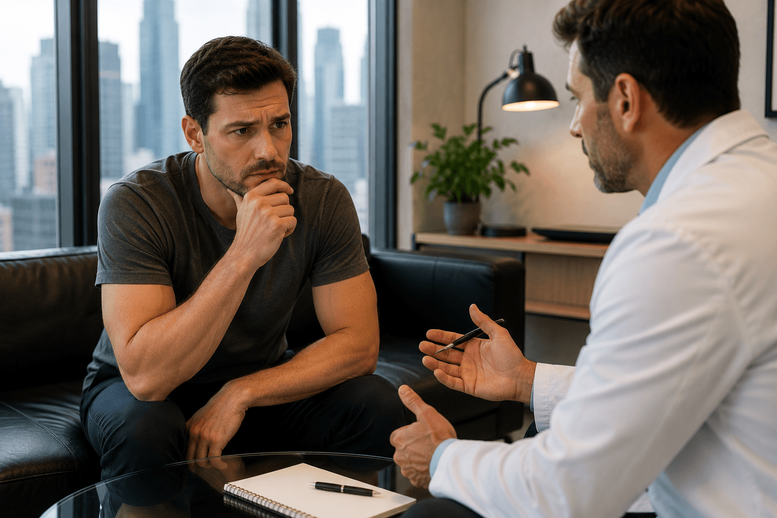 Male patient consulting with provider about Xeomin/Dysport for ED treatment at Vesper Aesthetics on Broadway St, Chicago, Illinois
