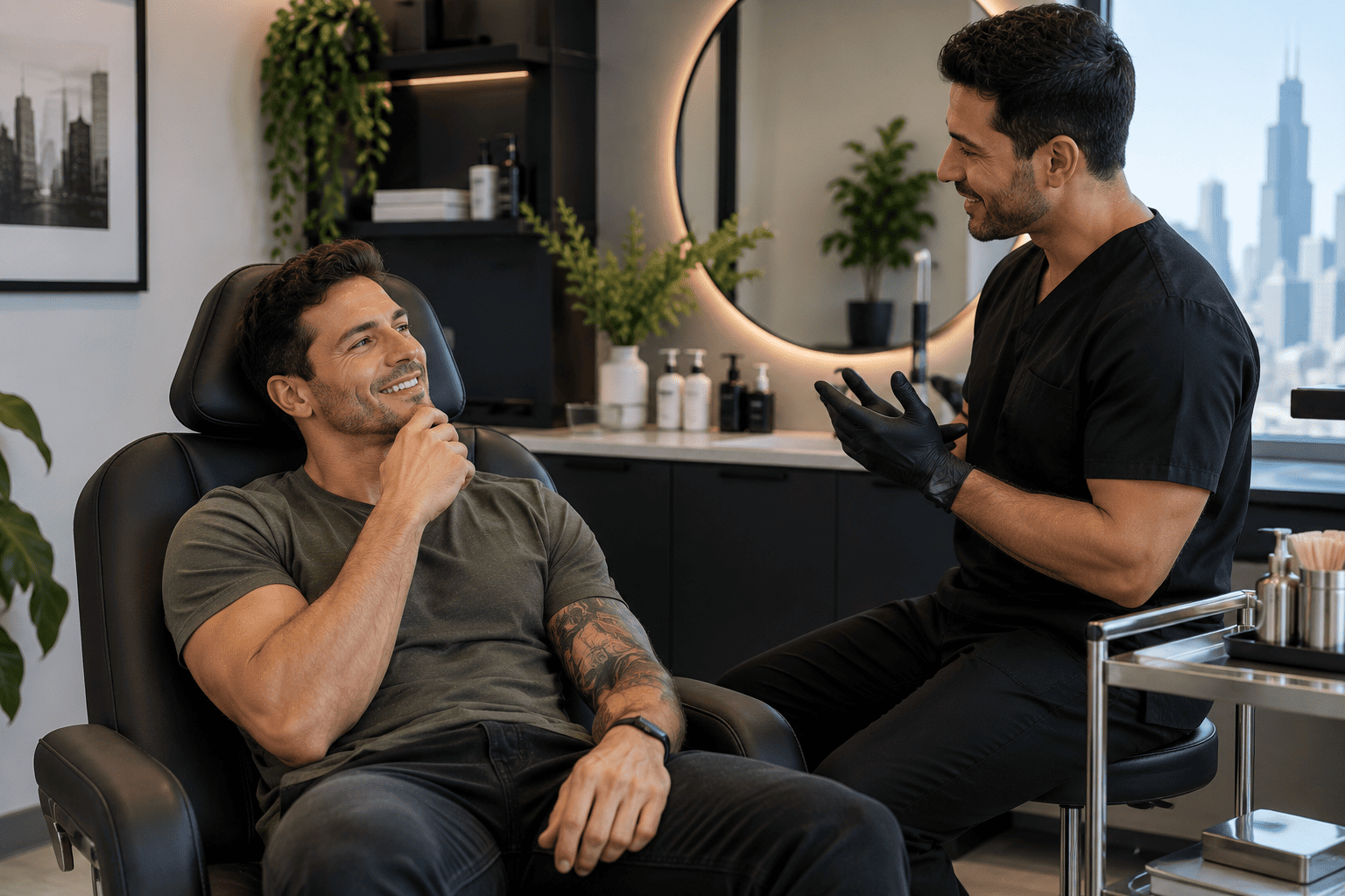Male client consultation for aesthetic treatments at Vesper Aesthetics on Broadway St in Chicago, Illinois