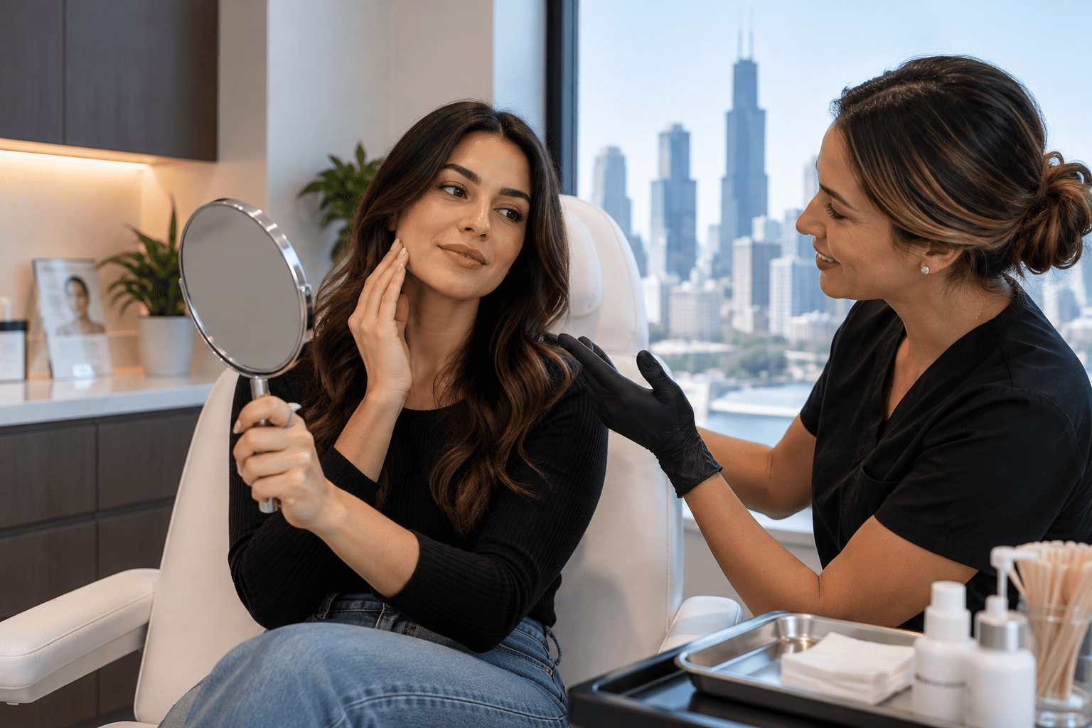 Woman receiving natural looking Restylane dermal filler treatment at a medical spa on Broadway St in Chicago