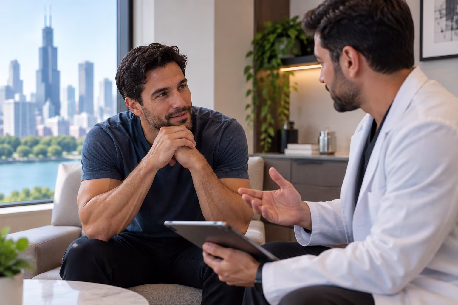 Chicago man discussing erectile dysfunction treatment options with a men's health provider on Broadway St