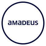 Logo Amadeus en bleu marine à l'intérieur d'un cercle blanc avec une bordure bleu foncé.