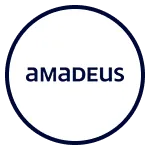Amadeus logo in navy blue inside a white circle with a dark blue border.