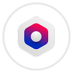 Icône hexagonale avec un cercle central passant du rouge au bleu sur un fond circulaire blanc.