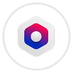 Hexagonal icon with a central circle transitioning from red to blue on a white circular background.