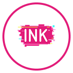 Texte stylisé INK en blanc sur fond rose avec une fine bordure circulaire rose.