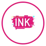Stylized text INK in white on a pink paint stroke background with a thin pink circular border.