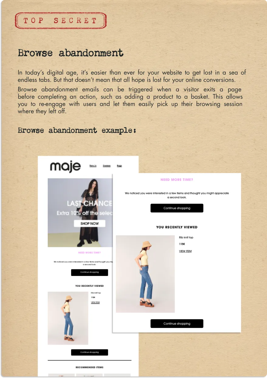 Document titled 'Browse abandonment' explaining how abandoning browsing sessions can trigger re-engagement emails, with an example of a fashion website showing a discount offer and recently viewed items.
