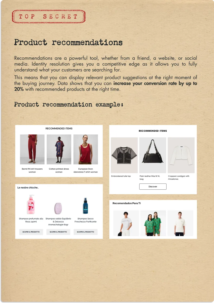 Top secret document explaining product recommendations with examples showing diverse product suggestions including clothing, handbags, and shampoos to illustrate increased conversion rates.