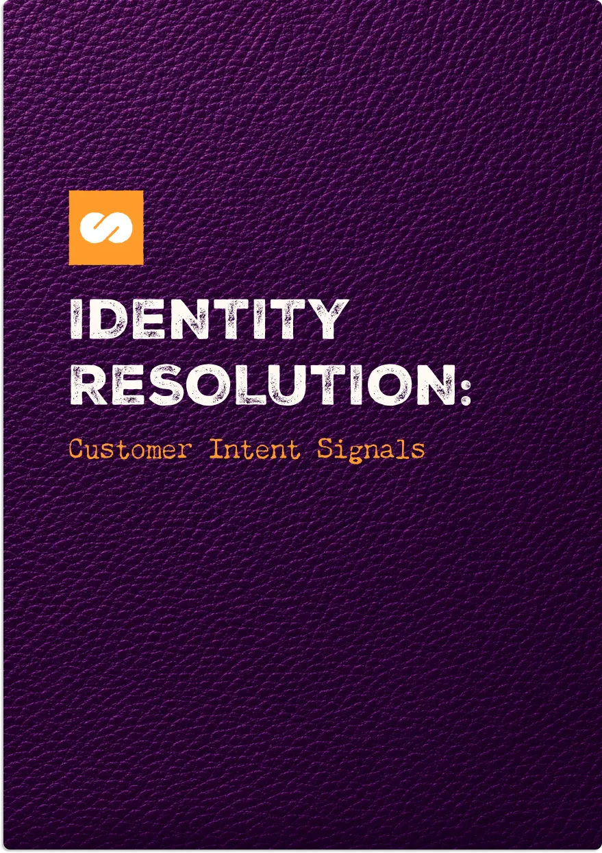 Purple textured background with white text reading 'IDENTITY RESOLUTION:' and orange text below reading 'Customer Intent Signals', accompanied by a small orange square with a white stylized 'S' logo.