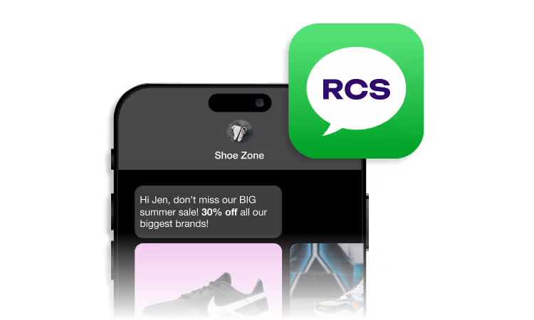 Image of a mobile phone displaying the RCS icon and an example of a RCS message conversation