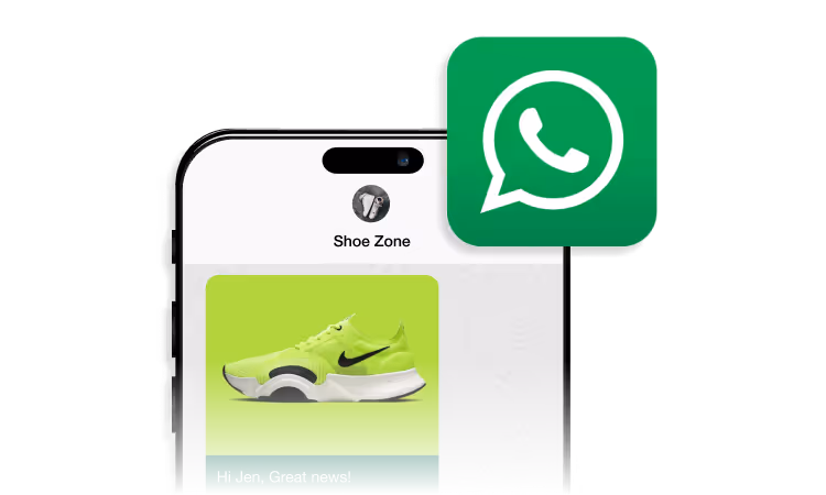 Image of a mobile phone displaying the WhatsApp icon and an example of a WhatsApp message conversation