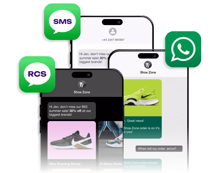 Image showing examples of SMS, RCS and WhatsApp messages