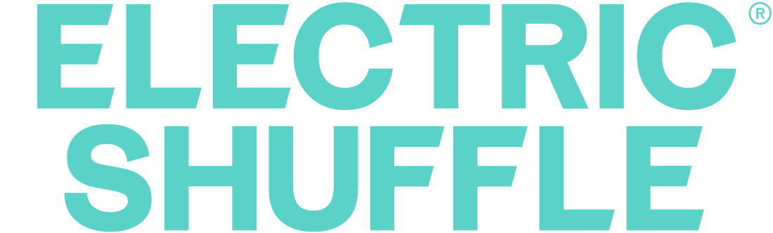 Electric Shuffle brand name in bold turquoise uppercase letters.