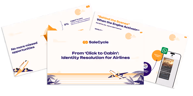 Presentation slides titled 'From Click to Cabin: Identity Resolution for Airlines' by SaleCycle featuring airplanes and palm trees illustration.