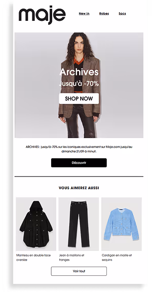 Maje website banner showing a woman in a brown plaid blazer and black pants with text 'Archives Jusqu'à -70%' and a shop now button, followed by product recommendations of a black reversible coat, black jeans, and a light blue cardigan.