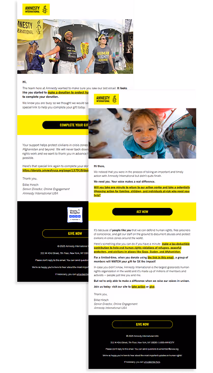 Two Amnesty International emails side by side encouraging donations and urgent action to support human rights, each featuring highlighted text and a prominent yellow call-to-action button.