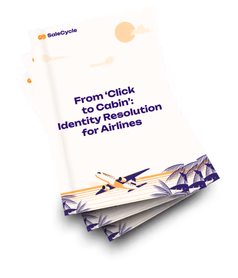 Pila di opuscoli bianchi intitolati "From Click to Cabin: Identity Resolution for Airlines" con l'illustrazione di un aereo e di palme in copertina.
