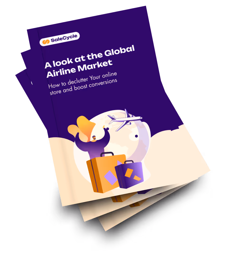 Copertina di un rapporto intitolato "A look at the Global Airline Market" (Uno sguardo al mercato globale delle compagnie aeree) con il sottotitolo "How to declutter your online store and boost conversions" (Come ridurre il disordine nel tuo negozio online e aumentare le conversioni), con l'illustrazione di una persona con bagagli e un aereo che sorvola un globo.