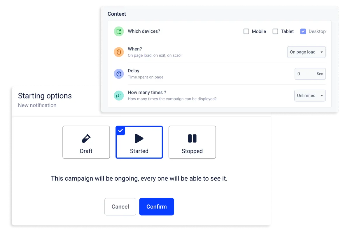 User interface for starting campaign options showing device selection with desktop checked, timing settings, and campaign status buttons for draft, started (selected), and stopped, with confirm and cancel buttons.