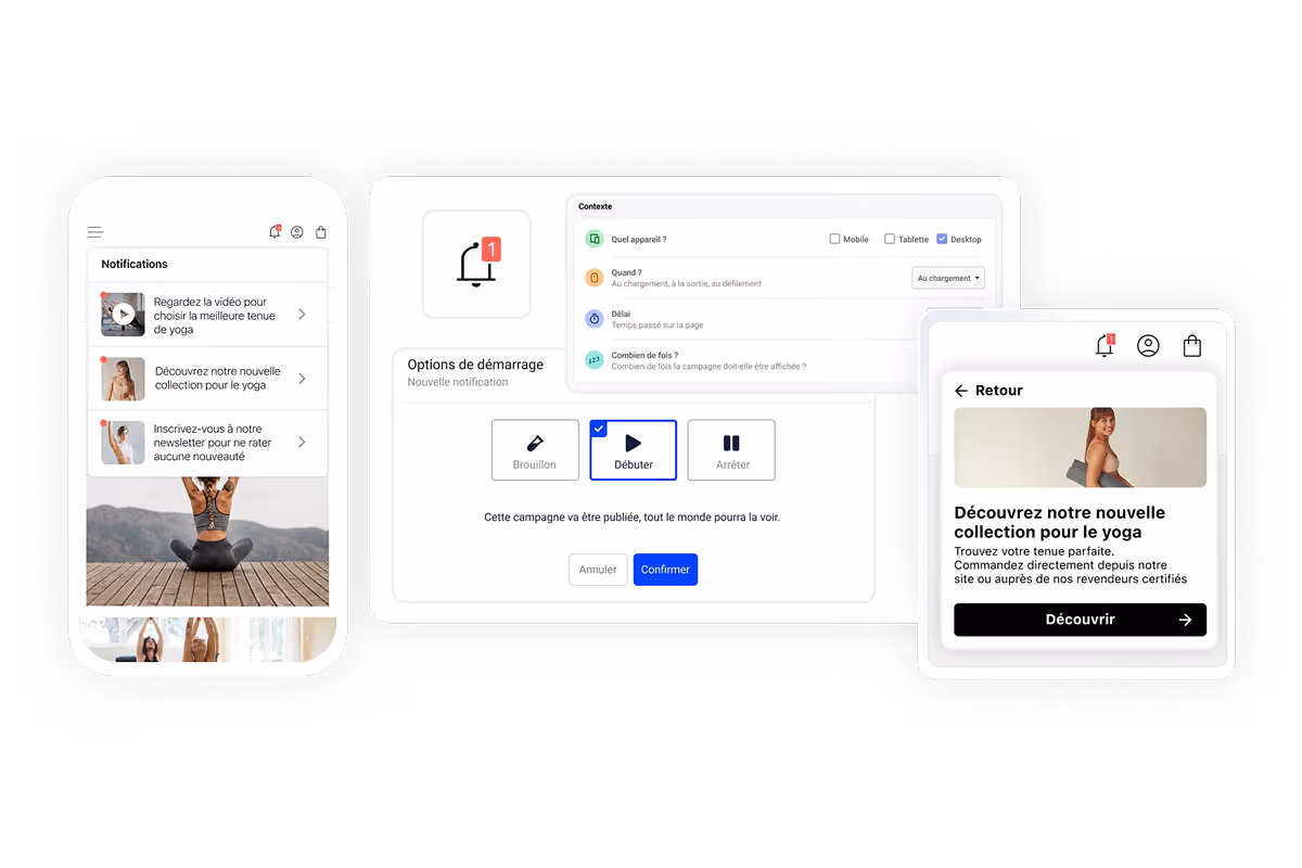User interface for starting campaign options showing device selection with desktop checked, timing settings, and campaign status buttons for draft, started (selected), and stopped, with confirm and cancel buttons.