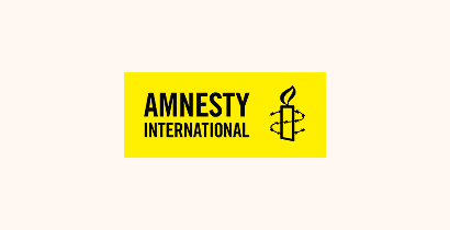 Amnesty International logo in black on a yellow rectangular background.