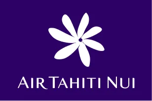 White stylized flower with nine petals above the text Air Tahiti Nui on a dark blue background.