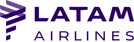 LATAM Airlines logo with stylized purple emblem and purple text.