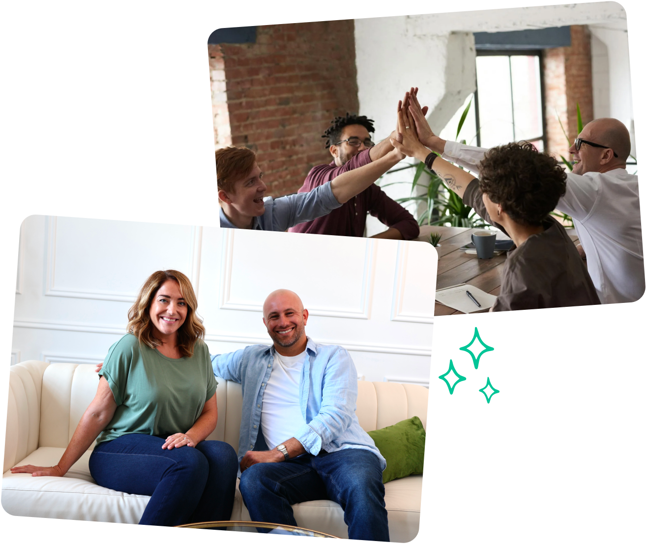 Two overlapping images: a smiling couple sitting on a white couch, and a group of four diverse colleagues giving a high-five around a wooden table in a modern office.