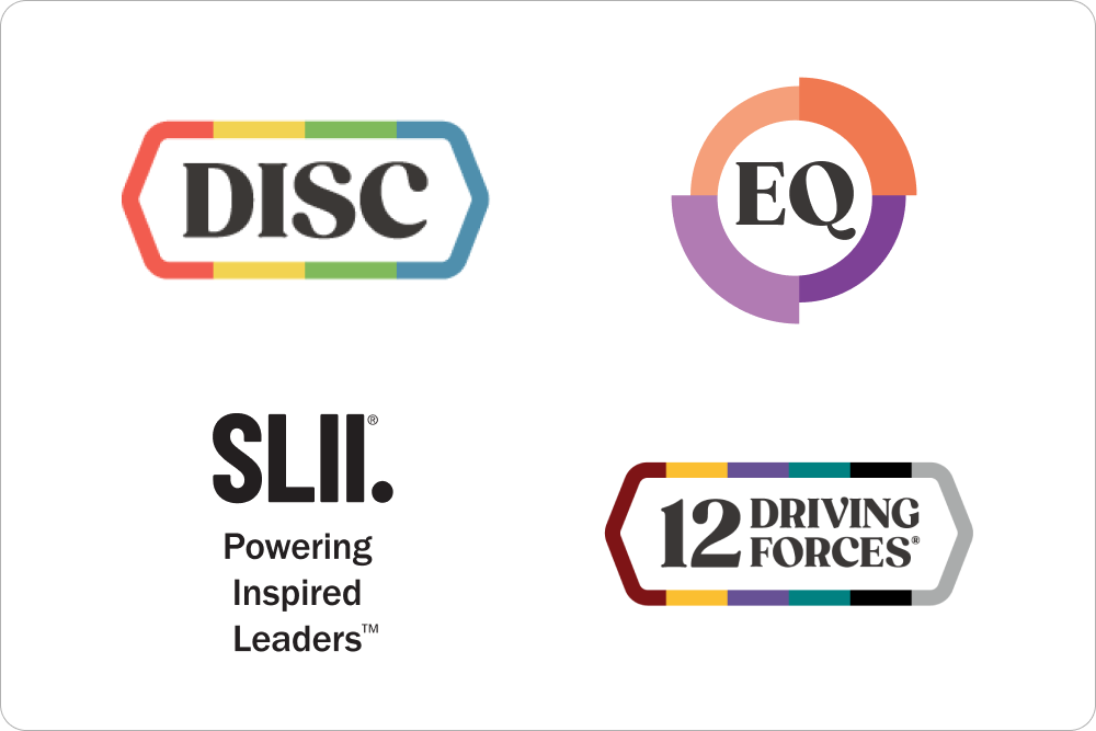 Logos of DISC, EQ, SLII Powering Inspired Leaders, and 12 Driving Forces assessments on white background.