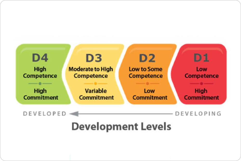 Chart showing development levels from D1 low competence high commitment to D4 high competence high commitment.