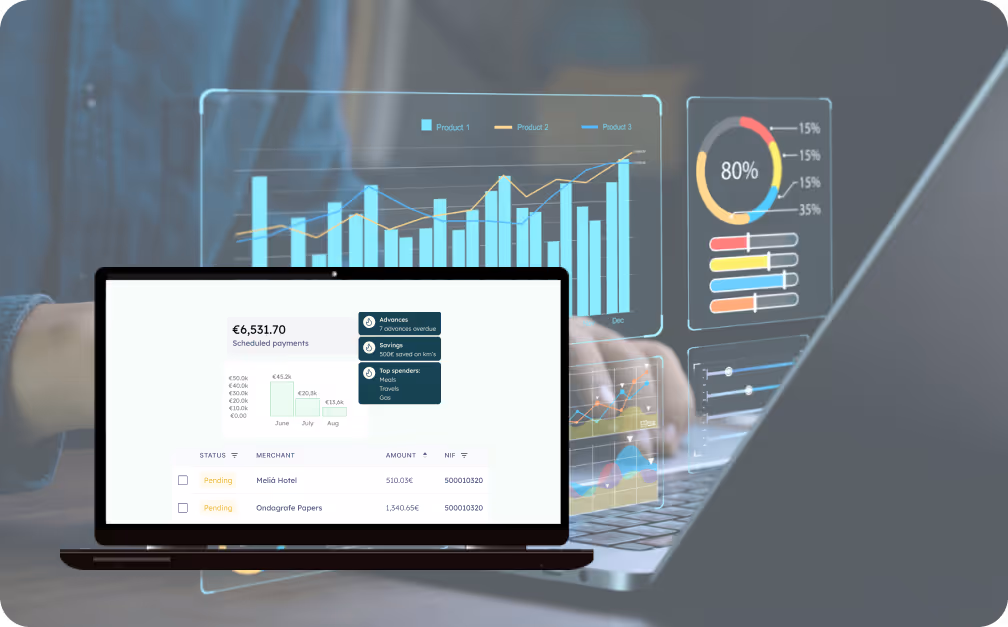 Laptop showing financial dashboards and payment tracking graphs.