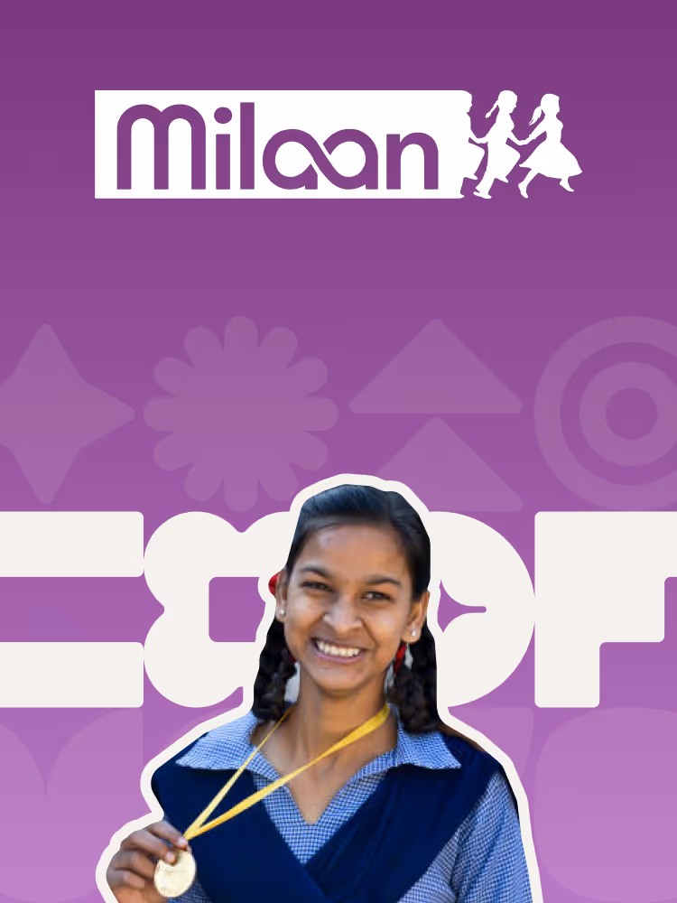 Young girl in school uniform smiling and holding a gold medal against a purple background with 'Milaan' logo above.