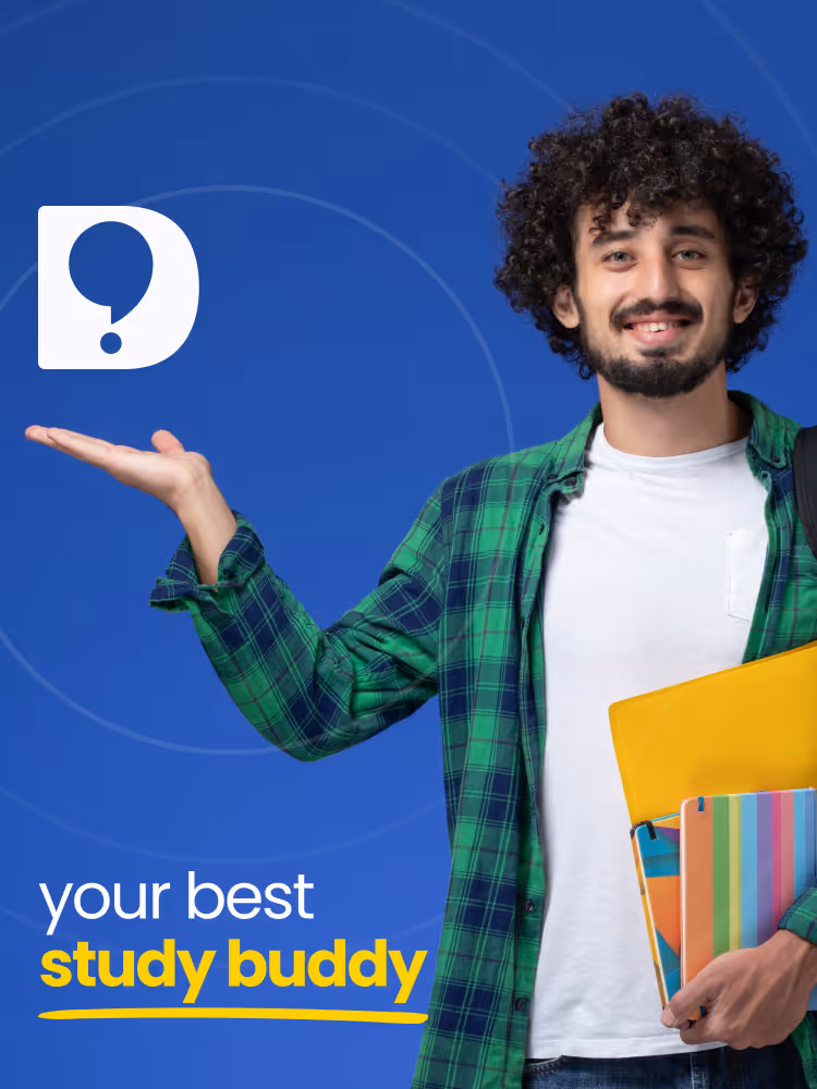 Smiling young man with curly hair in a green plaid shirt holding colorful folders, standing against a blue background with text 'your best study buddy'.
