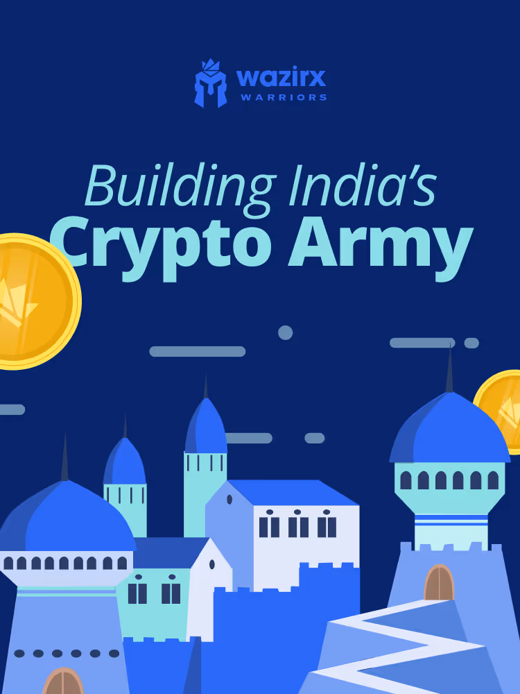 WazirX Warriors logo above text 'Building India's Crypto Army' with stylized blue castles and floating gold coins on a dark blue background.