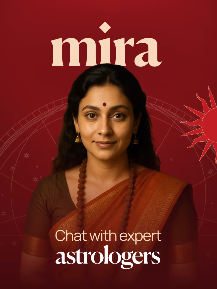 Portrait of a woman in traditional attire with a necklace and earrings on a maroon background with the text 'mira Chat with expert astrologers'.