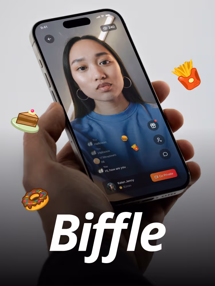 Hand holding smartphone displaying a live video of a woman with long hair and hoop earrings, with chat messages and food emoji icons around, and the word 'Biffle' below.
