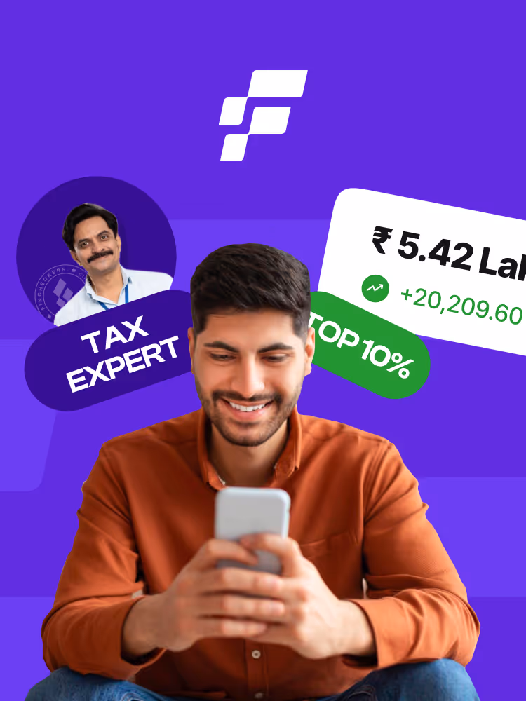 Smiling man in an orange shirt looking at his smartphone with graphic overlays showing a tax expert photo, Top 10% label, and financial figures with a purple background.