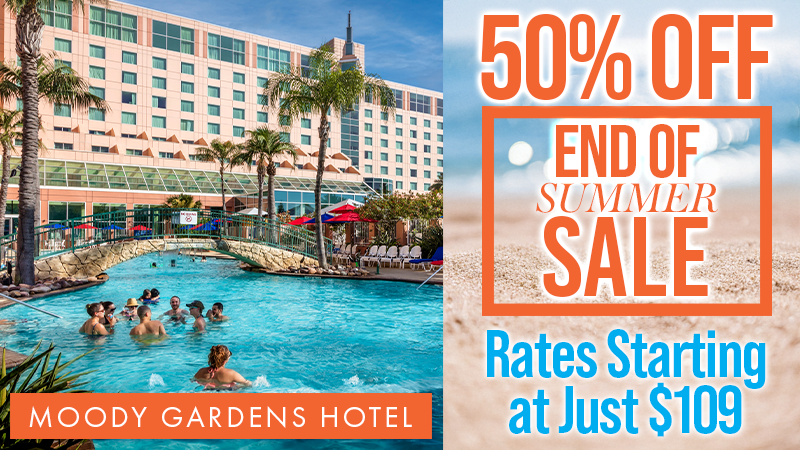 The pool at the Moody Gardens Hotel filled with hotel guests enjoying a sunny day out and the text Spring Sale 25% Off Best Available Rate