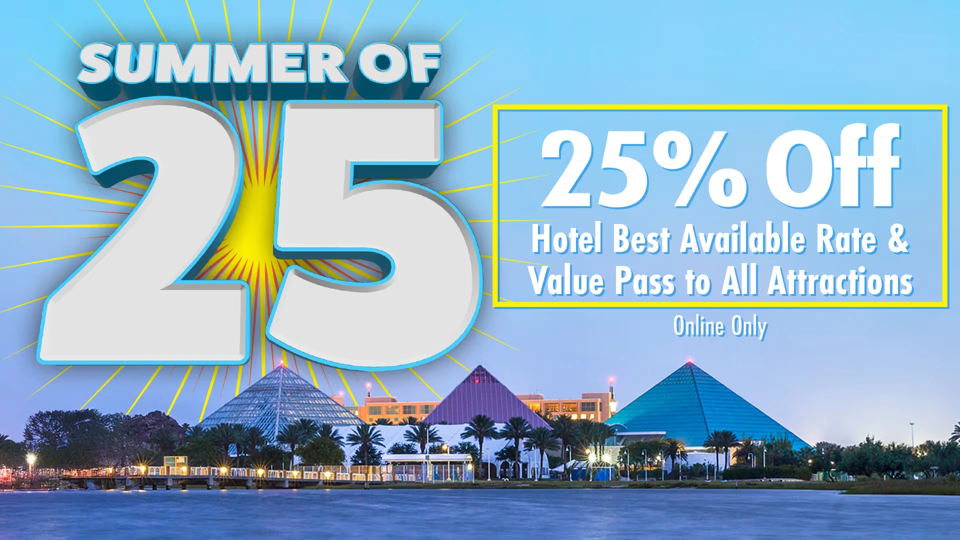 The pool at the Moody Gardens Hotel filled with hotel guests enjoying a sunny day out and the text Spring Sale 25% Off Best Available Rate