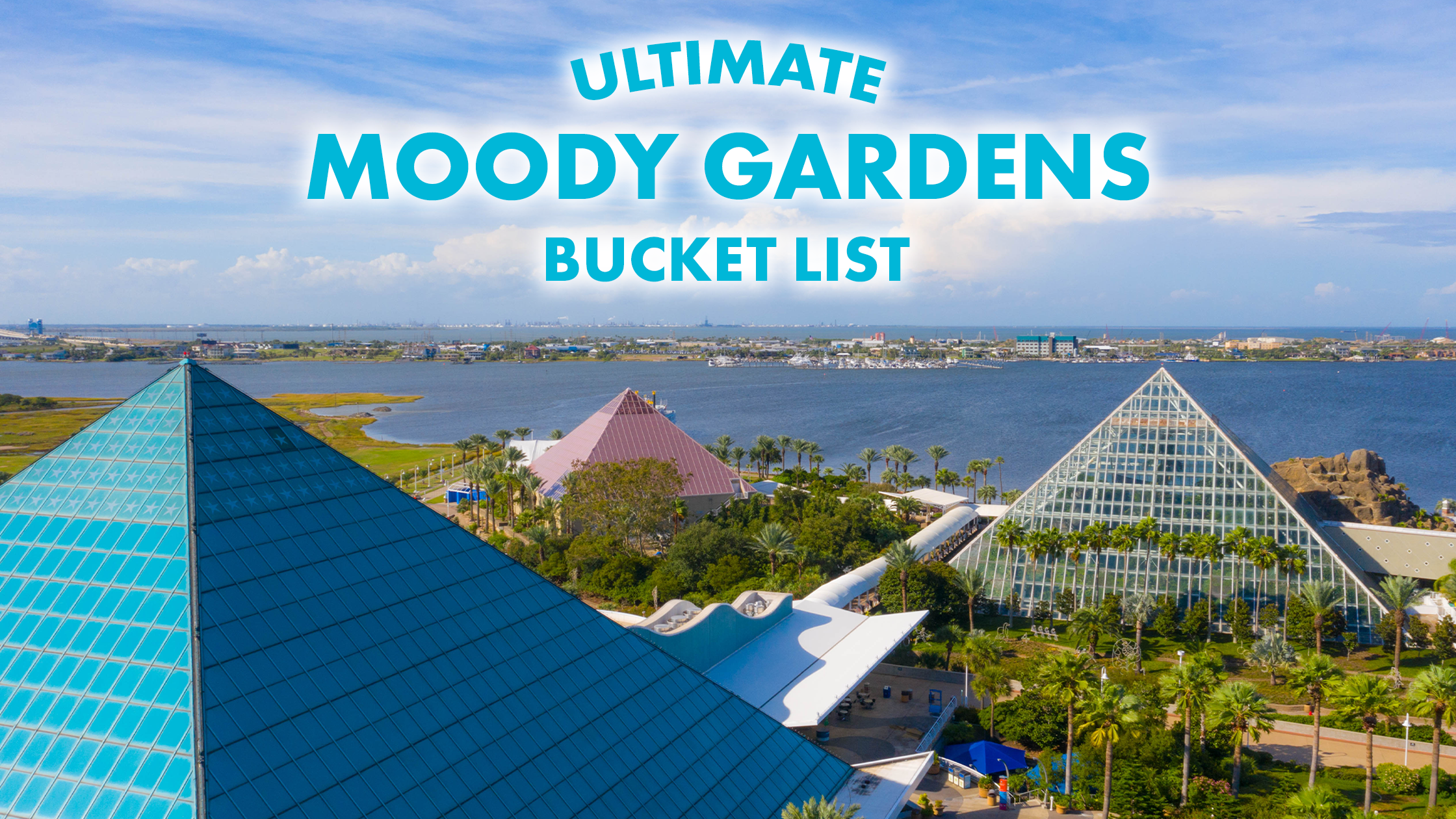The image shows a blog titled "Moody Gardens" with a neon sign, surrounded by a scenic landscape with pyramidal structures, trees, and a body of water in the background.