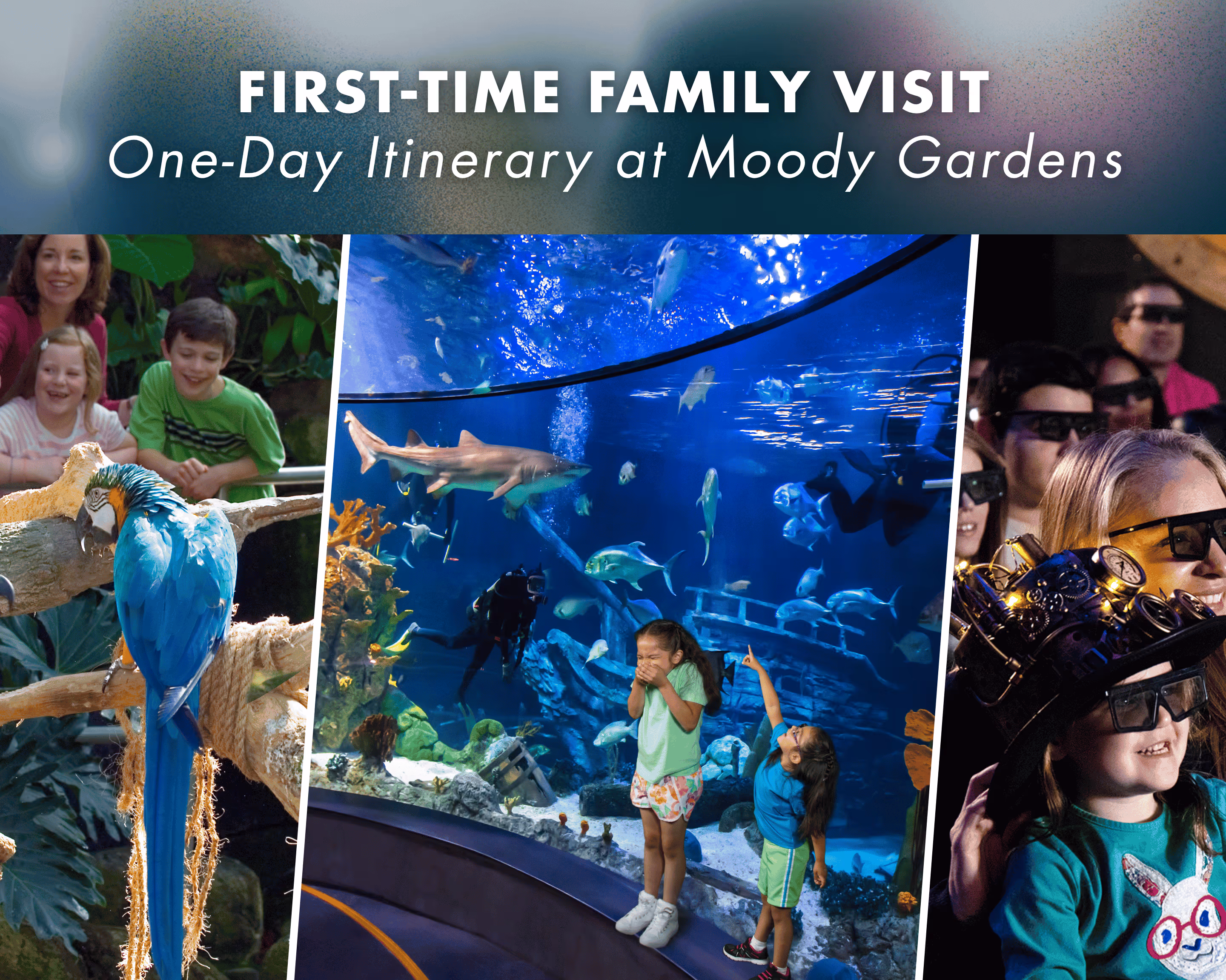 The image shows a blog titled "Moody Gardens" with a neon sign, surrounded by a scenic landscape with pyramidal structures, trees, and a body of water in the background.