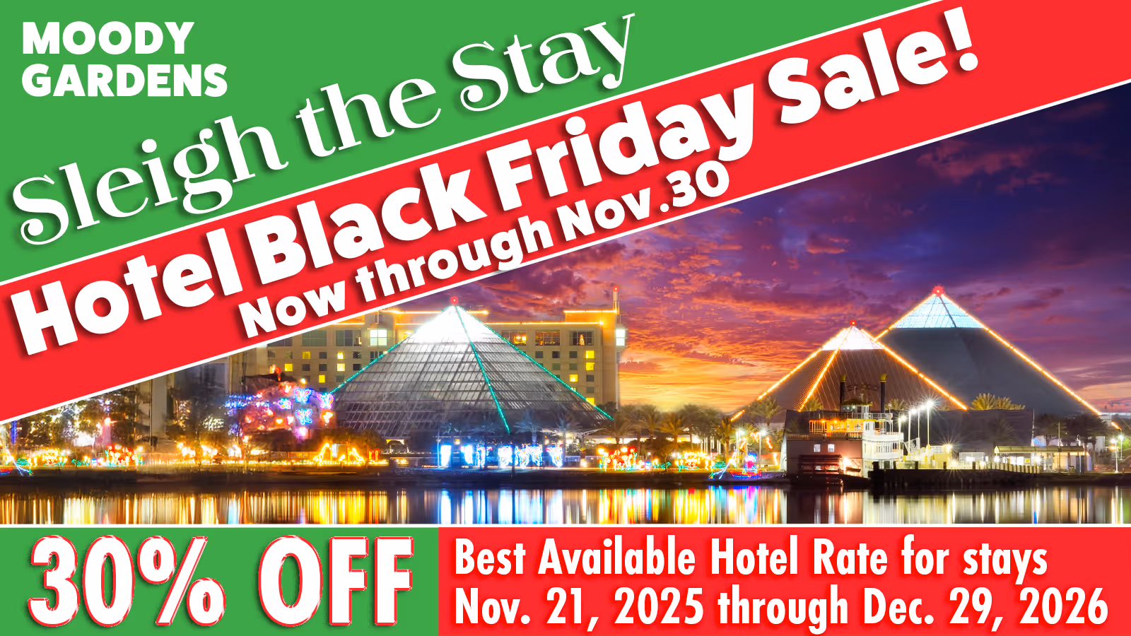 The pool at the Moody Gardens Hotel filled with hotel guests enjoying a sunny day out and the text Spring Sale 25% Off Best Available Rate