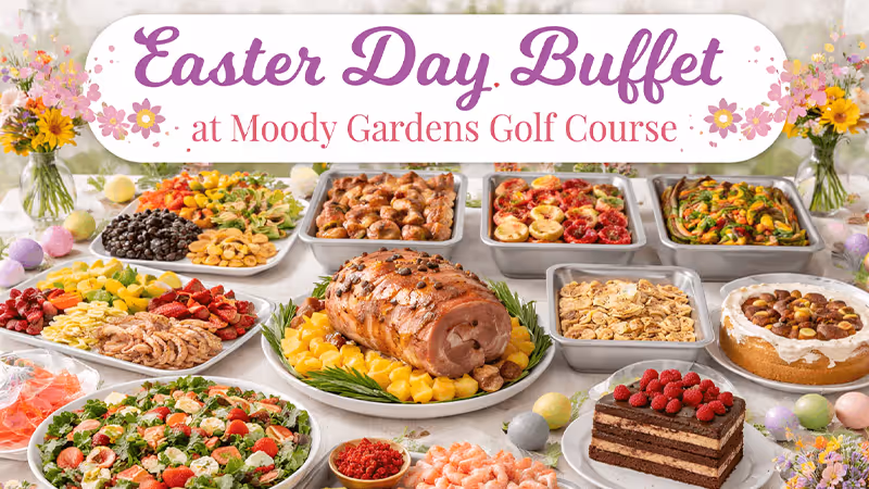 The pool at the Moody Gardens Hotel filled with hotel guests enjoying a sunny day out and the text Spring Sale 25% Off Best Available Rate