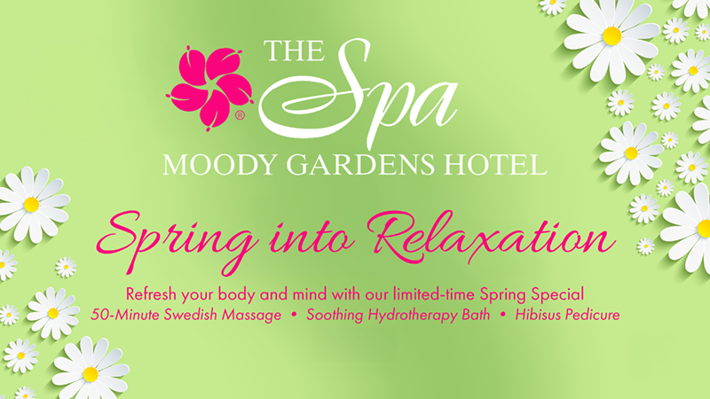 The pool at the Moody Gardens Hotel filled with hotel guests enjoying a sunny day out and the text Spring Sale 25% Off Best Available Rate